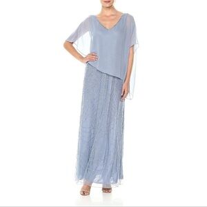 NEW J Kara Pop Over Dress Long Formal Beaded Dusty Blue Silver Size 12 NWT